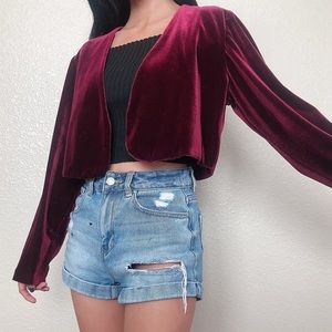 Red Maroon Velvet Cropped Cardigan